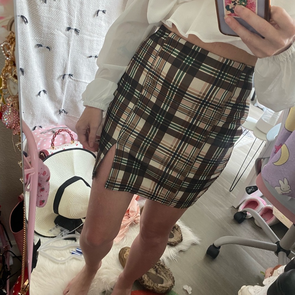 Brown plaid bodycon skirt